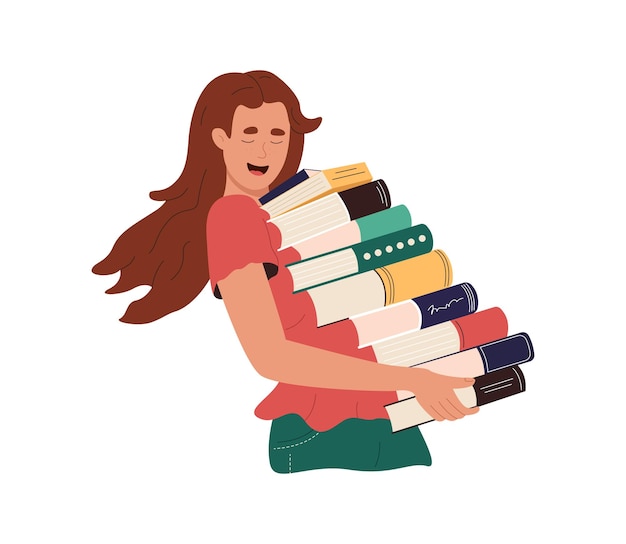 Gelukkige studente die stapel boeken in handen houdt. Jonge vrouw met stapel schoolboeken