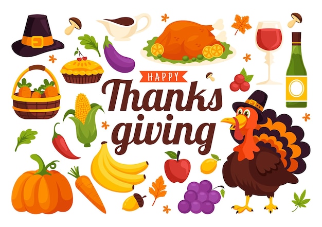Gelukkige Thanksgiving Vector illustratie met kalkoen pompoen bladeren en verschillende andere elementen in een platte stijl cartoon achtergrond