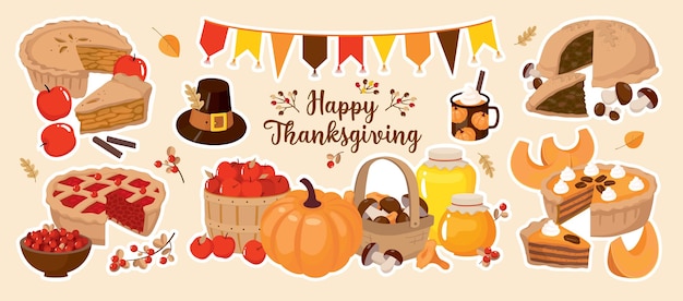 Gelukkige Thanksgiving vector set. Pompoentaart, appel, champignon, bessentaart, mand, honing.