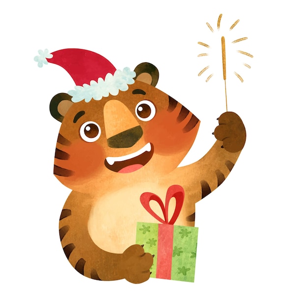 Gelukkige tijger in kerstmuts met cadeau en sterretje het symbool van het nieuwe 2022