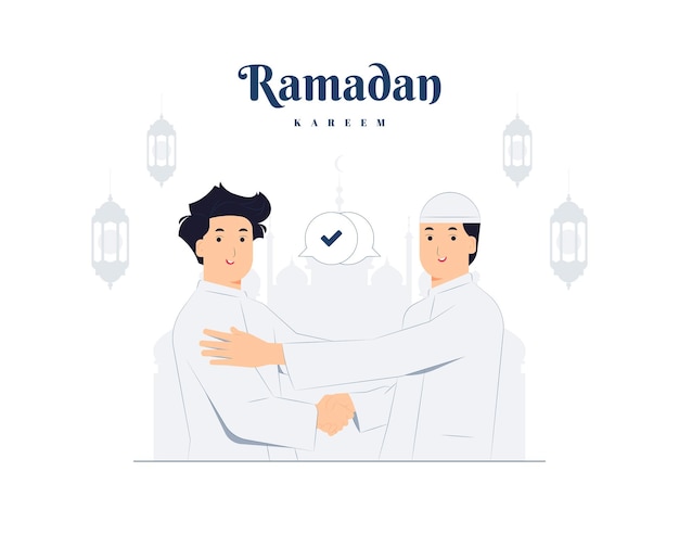 Gelukkige twee jonge moslimmannen vieren overwinningsdag Eid Al Fitr met hand schudden en glimlachen elkaar conceptenillustratie