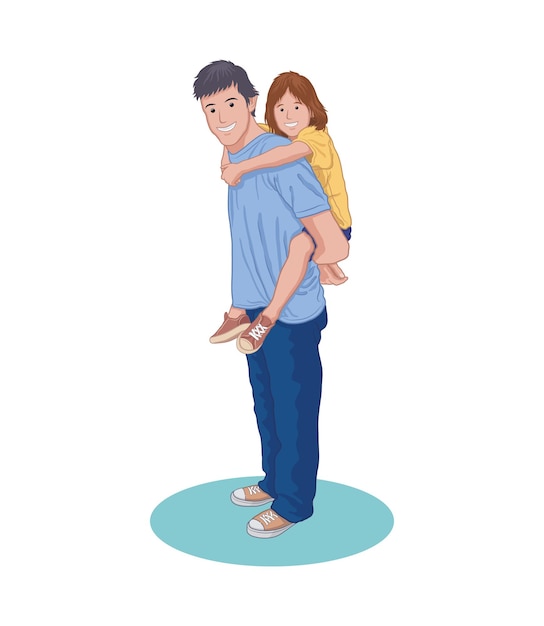 Vector gelukkige vader draagt zijn zoon op zijn rug portret cartoon vectorillustratie