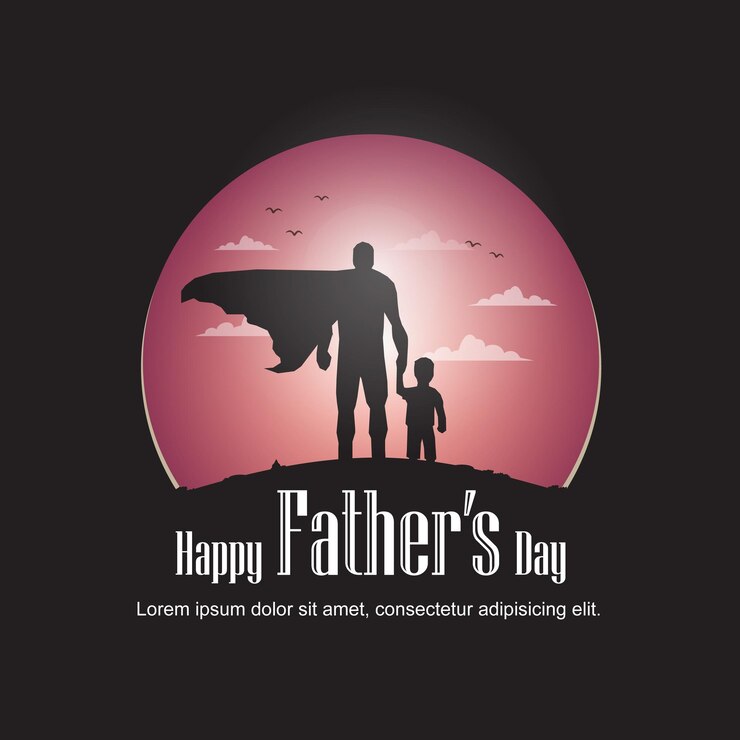 gelukkige vaderdag met het silhouet van een super vader en zoon met een paars cirkelontwerp
