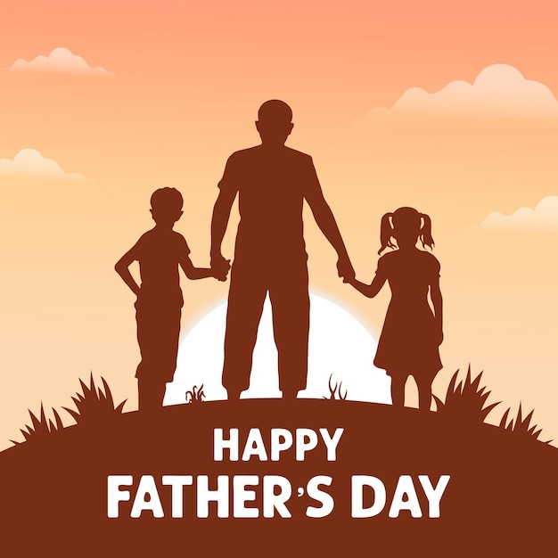 Gelukkige vaderdag met papa en kinderen silhouet Gelukkig vaderdag kalligrafie bannerontwerp