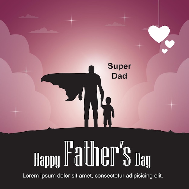 gelukkige vaderdag met silhouet van super vader en zoon met hart