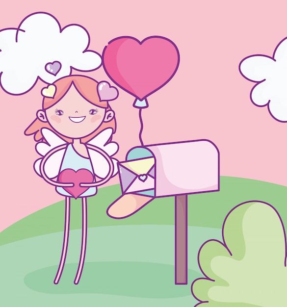 Gelukkige valentijnsdag, cupido met hart mailbox kaart ballon cartoon vectorillustratie