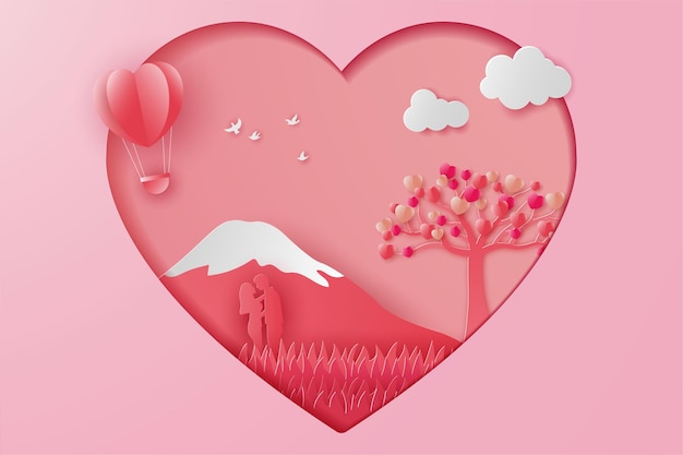 Gelukkige Valentijnsdag illustratie paar liefde met bergen, ballon en veld gras, papier gesneden stijl.