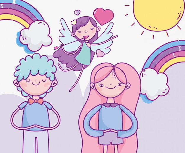 Gelukkige valentijnsdag, leuk paar en vliegende cupido met de regenboogliefde van pijlharten