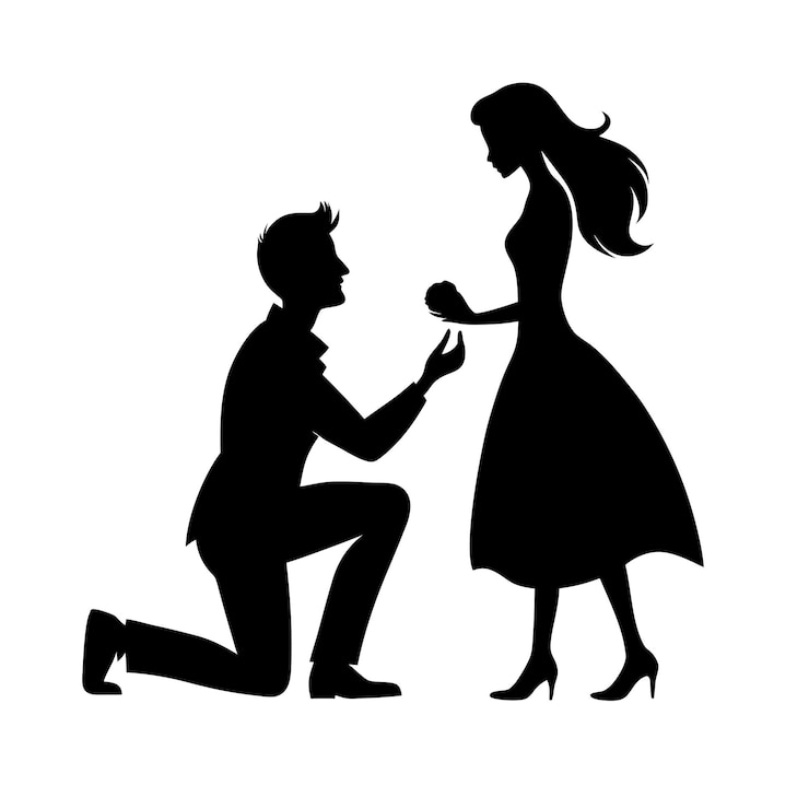 Vector gelukkige valentijnsdag paar voorstellen vector silhouet illustratie op zwart-wit