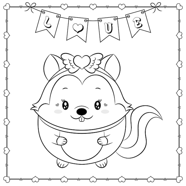 Gelukkige valentijnsdag schattige dieren baby eekhoorn tekening schets om in te kleuren met harten frame en liefde banner