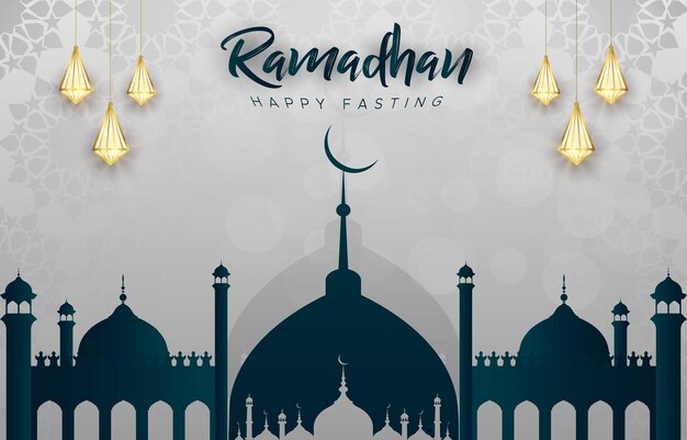 Gelukkige vasten ramadhan-banner met prachtig luxe islamitisch ornament en abstract gradiënt wit en blauw ontwerp als achtergrond