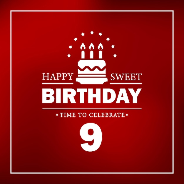 Gelukkige verjaardag 09, rode kaart met cake, geschenken, vectorillustratie. Vector sjabloon ontwerpelement.