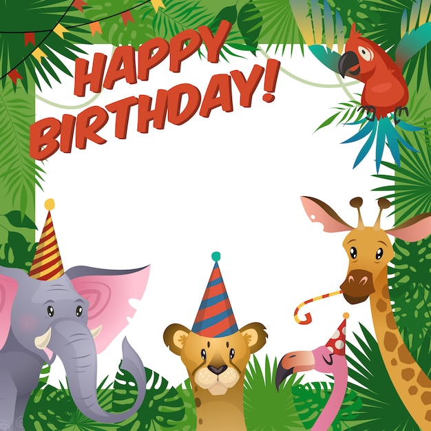 Gelukkige verjaardag babydouche groet tropische dierentuin vieren kinderen uitnodiging sjabloon