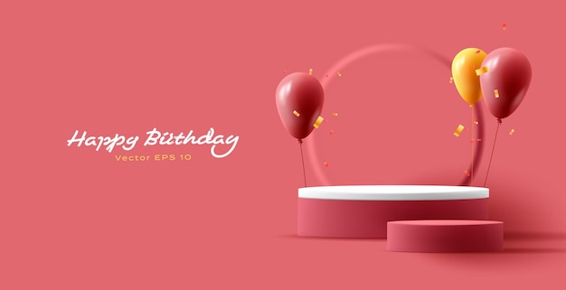 Gelukkige verjaardag begroetingsbanner met 3d illustratie van cadeaupodium en luchtballonnen met confetti maken moderne compositie