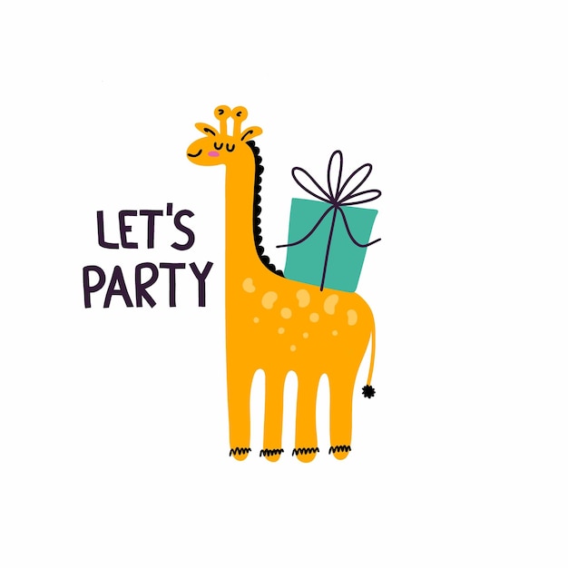 Gelukkige verjaardag briefkaart in primitieve minimalistische stijl schattige giraf met feestelijke cadeautjes en geschenken kid groet of uitnodiging kaart moderne partij poster platte vector doodle geïsoleerde illustratie