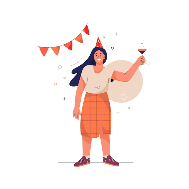 Gelukkige verjaardag concept lachende vrouw werpt haar glas en maakt toast