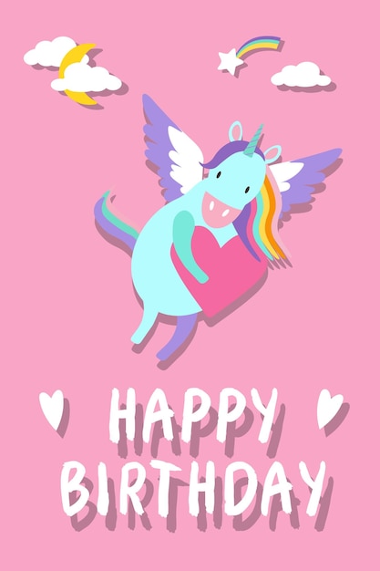 Gelukkige verjaardag grappige vector citaten en unicorn tekening belettering poster of tshirt textiel grafisch ontwerp Cute unicorn karakter illustratie op geïsoleerde roze achtergrond EPS