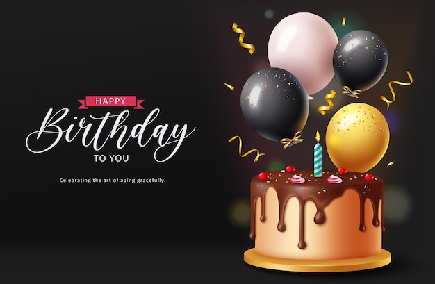 Gelukkige verjaardag groet vector ontwerp verjaardag begroeting tekst met chocoladekoek ballonnen
