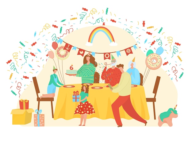 Gelukkige verjaardag illustratie. familie en vriendenkarakters die schattig meisje met cadeau en vakantiecake begroeten op geboortedatum in interieur. mensen op feestviering op wit