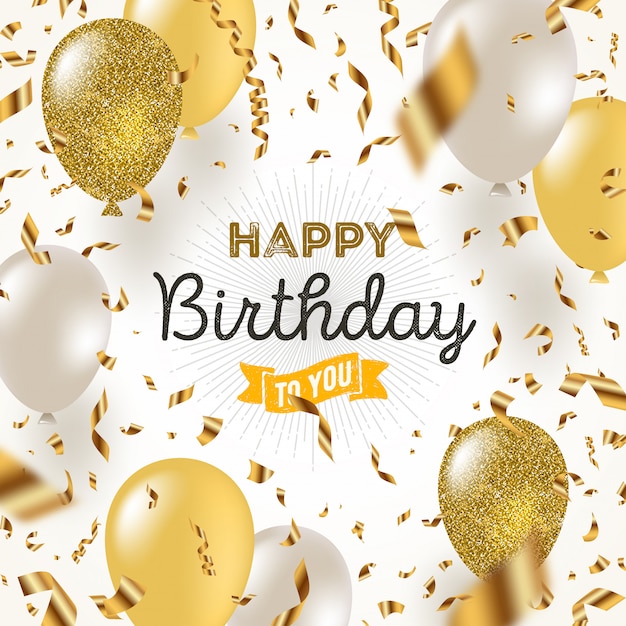 Gelukkige verjaardag illustratie - gouden folie confetti en wit en glitter gouden ballonnen.