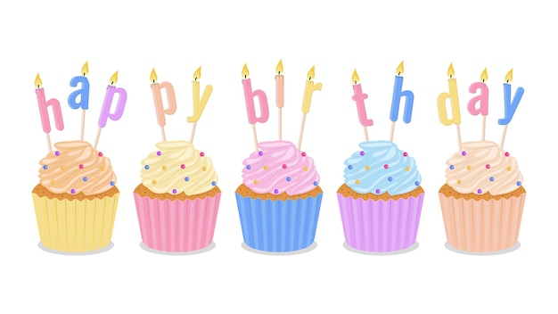 Gelukkige verjaardag inscriptie van briefkaarsen en cupcakes