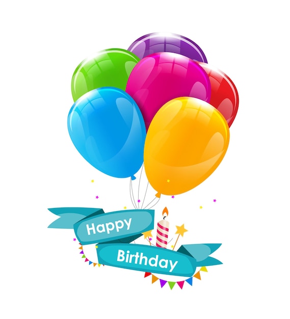 Gelukkige verjaardag kaartsjabloon met ballonnen, lint en kaars ve