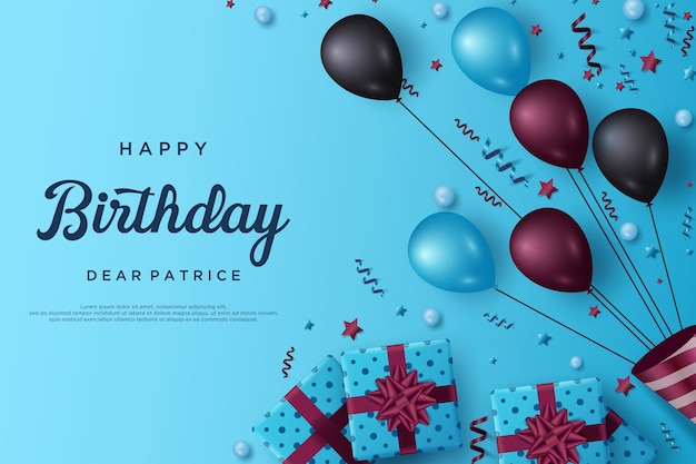 Gelukkige verjaardag met ballonnen en geschenkdozen op blauwe achtergrond