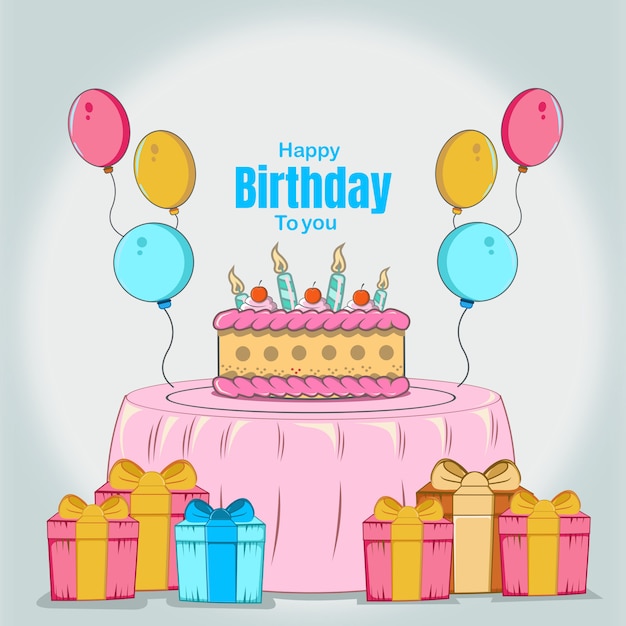 Gelukkige verjaardag met cake verjaardag, kaars, geven, kleurrijke ballon, viering plat ontwerp
