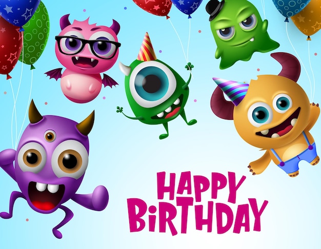 Gelukkige verjaardag met vectorontwerp van monsterkarakters Gelukkige verjaardagstekst in vliegende kleine monsters