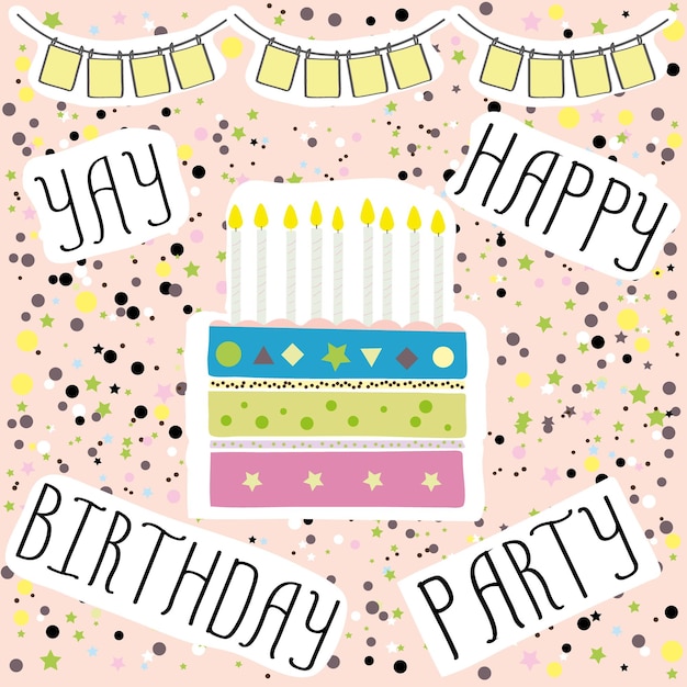 Gelukkige verjaardag partij leuke kaart met taart en kaarsen vectorillustratie