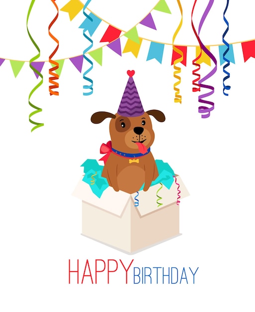 Vector gelukkige verjaardag pup in doos. verjaardagskaart met puppy hond pack cadeau vectorillustratie