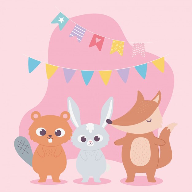 Gelukkige verjaardag, schattig konijn bever en vos met wimpels viering decoratie cartoon