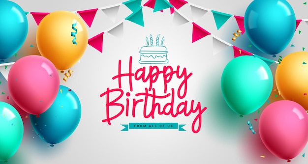 Gelukkige verjaardag tekst vector ontwerp. Verjaardagsballonnen, wimpel en confetti feestdecoratie voor kinderen