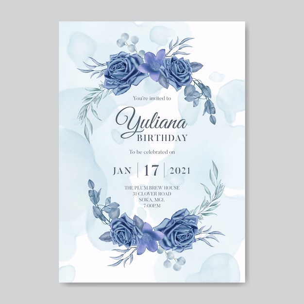 Gelukkige verjaardag uitnodiging kaartsjabloon met aquarel bloemenboeket