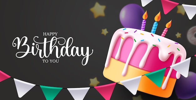 Gelukkige verjaardag vector sjabloon ontwerp verjaardag groet tekst met taart kaars ballonnen
