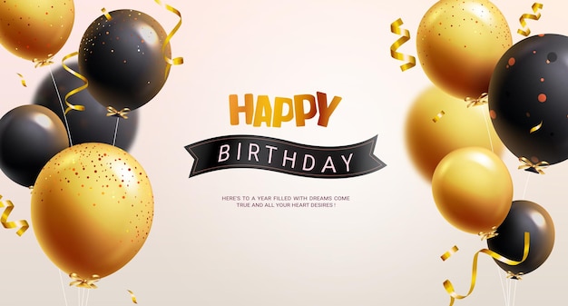 Gelukkige verjaardag vector tekstontwerp Verjaardagsgroet met bos van goud en zwarte ballonnen Vector