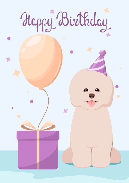 Vector gelukkige verjaardag wenskaart bichon frise met een geschenk en een ballon