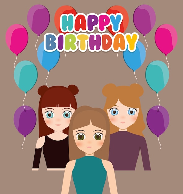 gelukkige verjaardagskaart met animemeisjes en ballons
