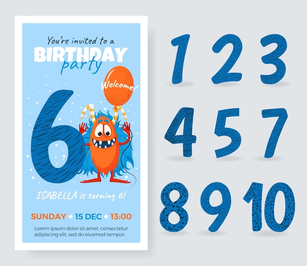 Gelukkige verjaardagskaart met schattig cartoon monster nummer en ballon verjaardag verjaardag nummers