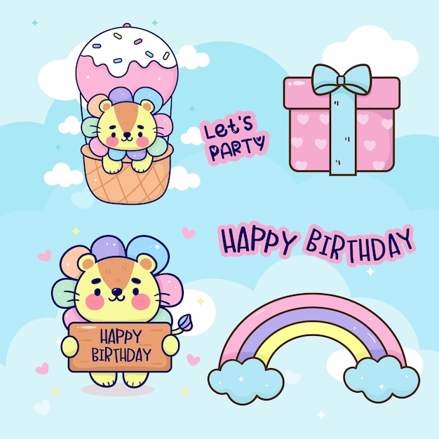 Gelukkige verjaardagskaart met schattige leeuw cake cadeau en regenboog vectorillustratie