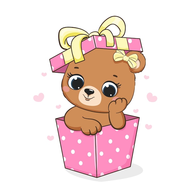 Gelukkige verjaardagskaart schattige baby beer in de huidige doos Cartoon tekening vector