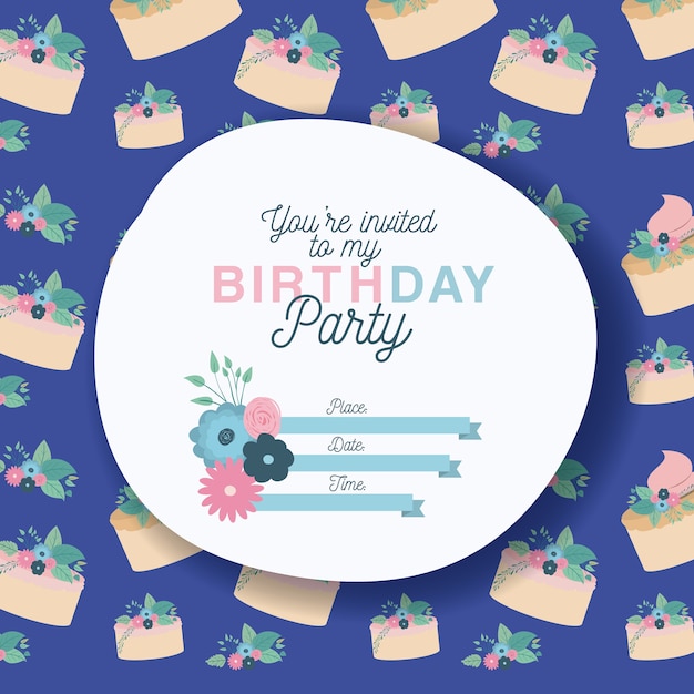 Gelukkige verjaardagspartij uitnodiging met florale decoratie en cake