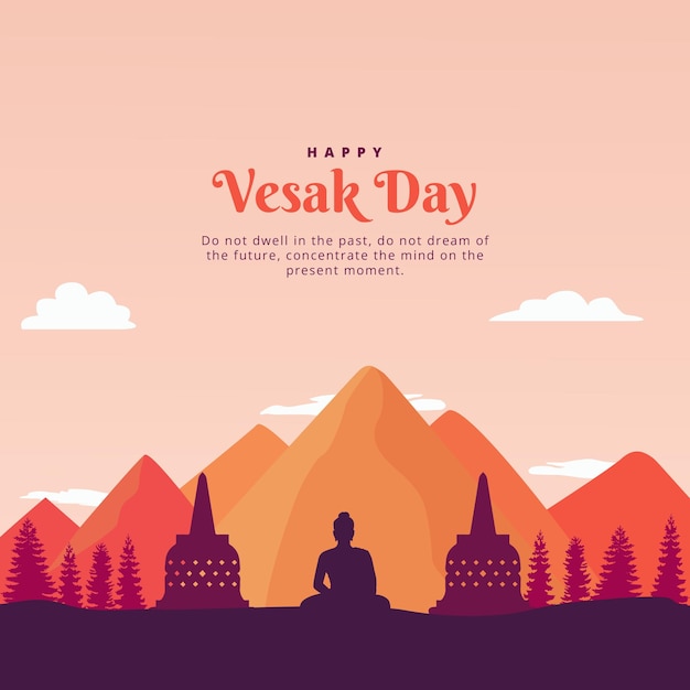 Gelukkige Vesak-dag met Boeddha-tempels, bomen en bergen Selamat Hari Waisak-achtergrondvector