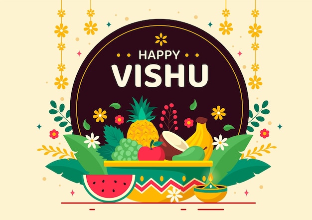Gelukkige Vishu Festival Vector Illustratie met Krishna en vruchten en groenten in de nationale feestdag