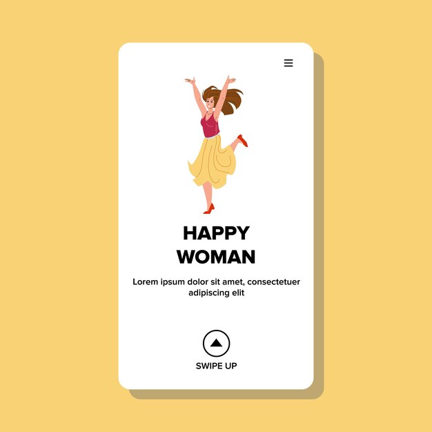 Gelukkige vrouw dansen op het vieren van partij Vector. Jonge gelukkige vrouw dansen en vieren vakantie of prestatie. Karakter Meisje Met Positieve Emotie Springen Web Platte Cartoon Afbeelding