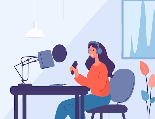 Vector gelukkige vrouw die een podcast opneemt in een studio met een microfoon die een beroep symboliseert vectorbeeld