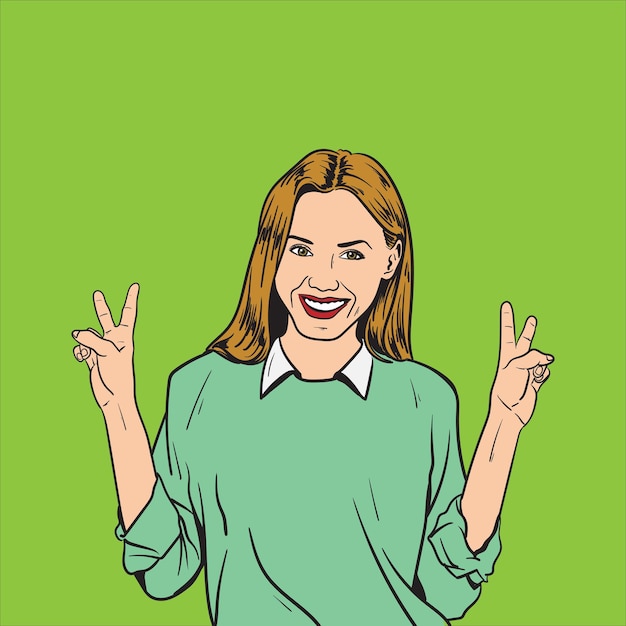 Vector gelukkige vrouw die met beide handen de overwinning gebaart pop art vector illustratie
