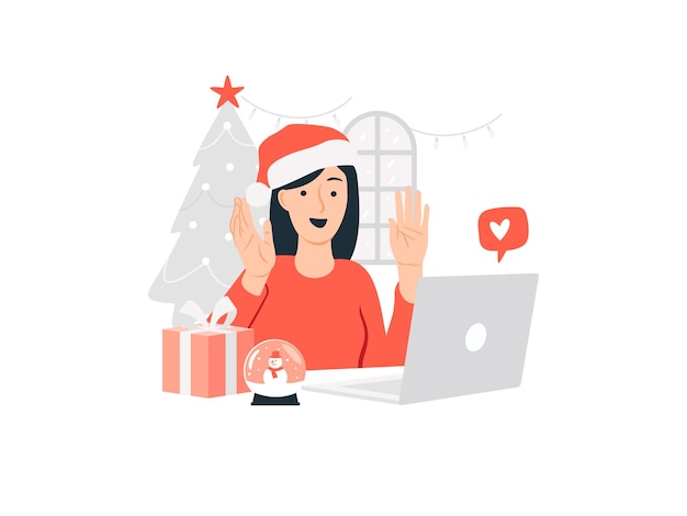 Gelukkige vrouw die thuis santahoeden draagt die laptop met behulp van en haar vrienden begroeten tijdens videogesprek op de illustratie van het kerstdagconcept