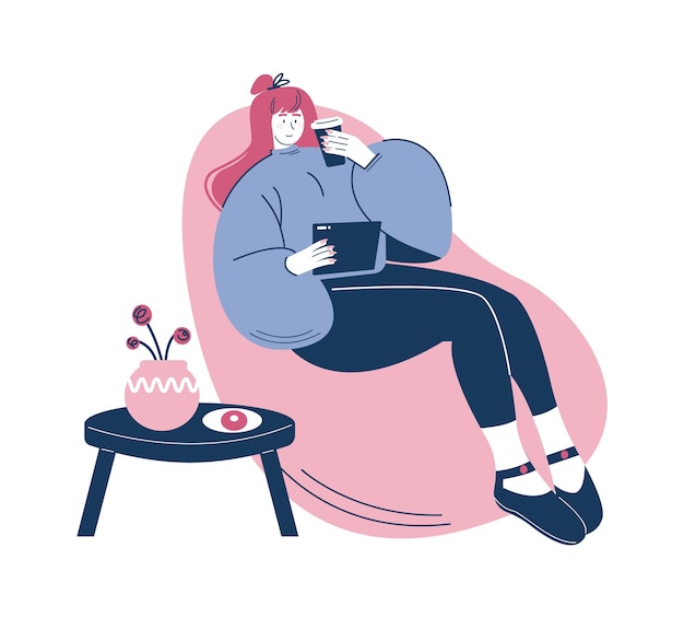 Gelukkige vrouw die van koffie geniet om in zitzakstoel te zitten vectorillustratie koffiepauze theetijd