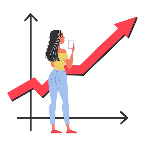Vector gelukkige vrouw die zich bij de grafiek bevindt die omhoog wijst. idee van bedrijfsgroei en financiële analyse. illustratie